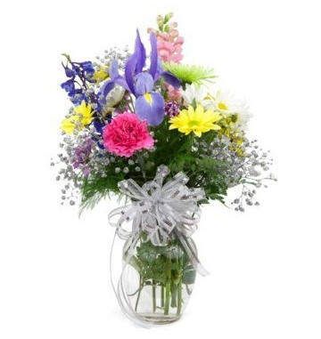 Siris - $49. Glass vase containing orchids, gerbera daisies and carnations.