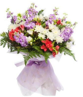 Verona Bouquet - $58. A delicate bouquet featuring red, white & lilac blooms accented with green foliage.