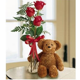 Hugs & Kisses - $39. Soft toy bear and three red roses in a vase.