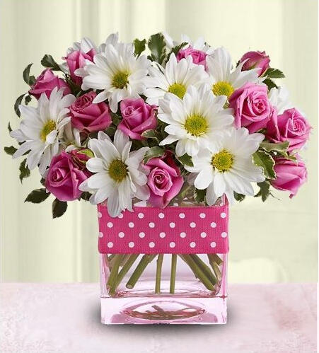 Aurora - $78. Pink roses & white Malaysian mums in an elegant modern glass vase.
